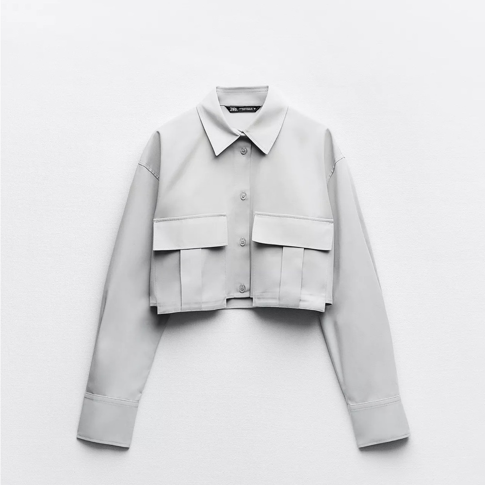 Zara Light Grey Cropped Button Down Gabardine Top with Pockets